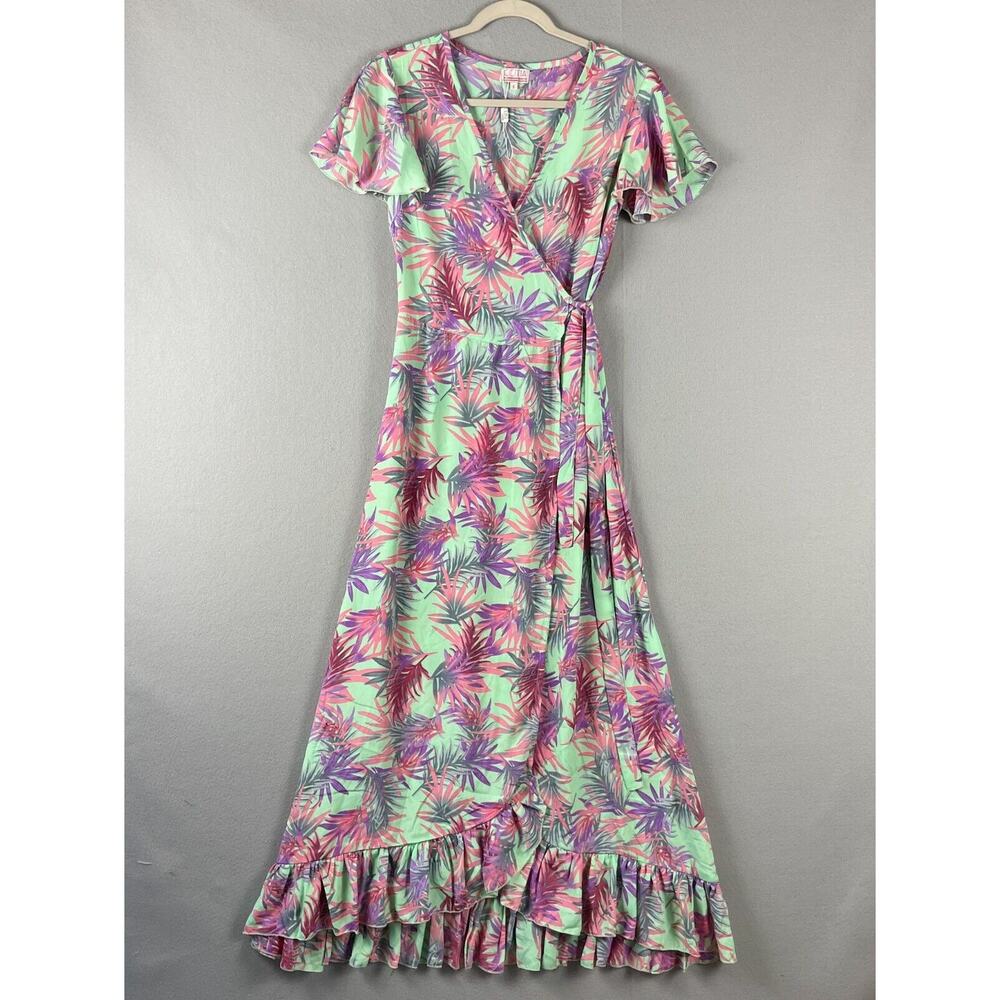 Cienna Silk Blend Wrap Dress Womens Small Ruffle Flowy Hawaiian‎ Tropical NEW